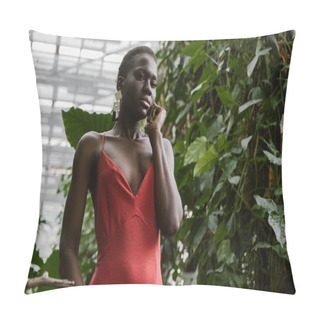 Personality  Elegant African American Girl Posing In Red Dress In Tropical Garden Pillow Covers