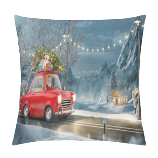 Personality  Santa Claus In Cute Little Retro Car With Decorated Christmas Tree On Top Goes By Wonderful Countryside Road. Unusual Christmas 3d Illustration Pillow Covers