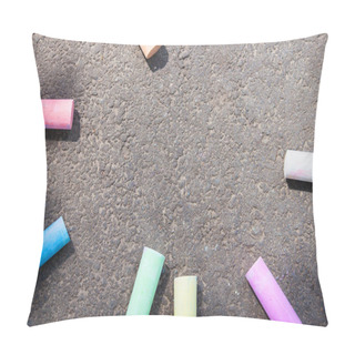 Personality Colored Chalk On Asphalt. Children's Creativity Games. Background With Place For Text, Frame, Flat Lay, Copy Space. Back To School. Pillow Covers