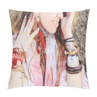 Personality   Female Neck And Hands With Boho Bracelets And Necklace With Red Pillow Covers