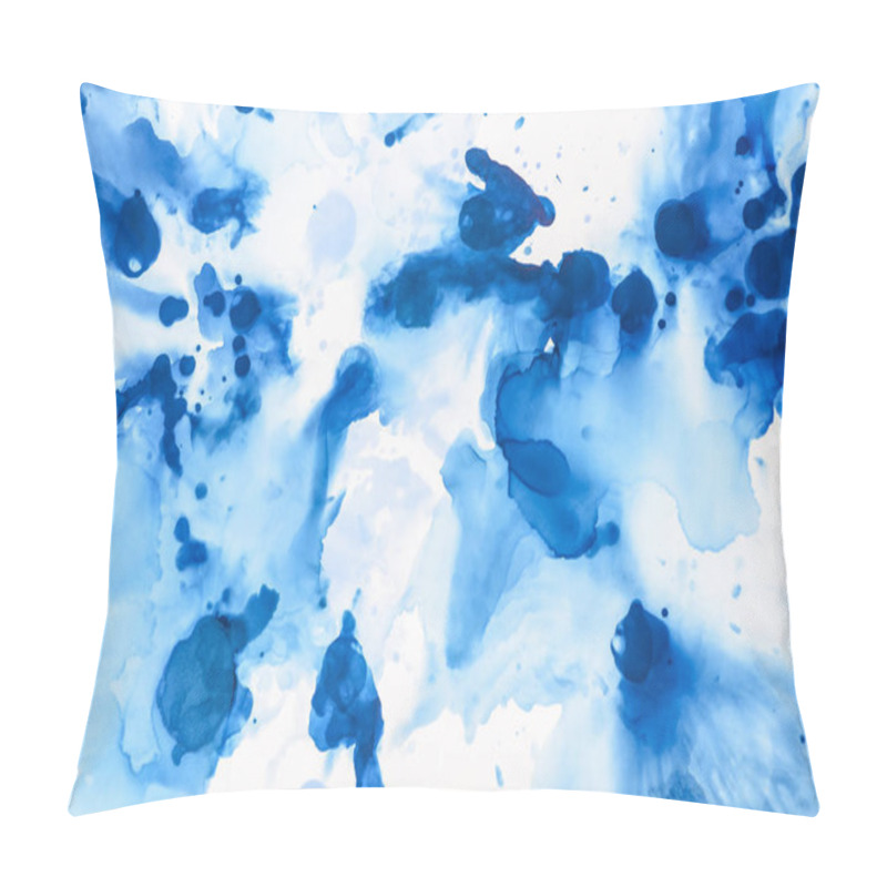 Personality  textured blue splashes of alcohol ink on white as abstract background pillow covers