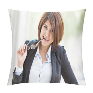 Personality  Young Sexy Business Woman Biting Her Glasses Pillow Covers