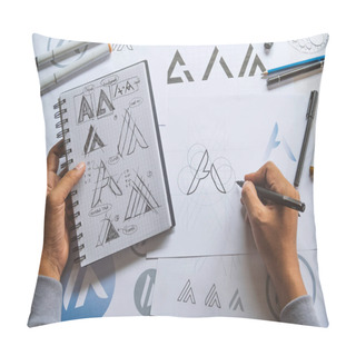 Personality  Graphic Designer Development Process Drawing Sketch Design Creative Ideas Draft Logo Product Trademark Label Brand Artwork. Graphic Designer Studio Concept. Pillow Covers