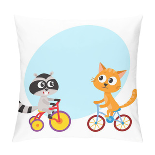 Personality  Cute Little Raccoon And Cat Characters Riding Bicycles Together Pillow Covers