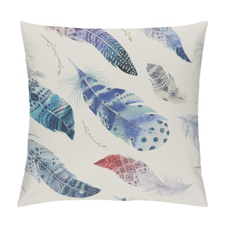 Personality  Feathers Pattern. Watercolor Elegant Background. Watercolour Col Pillow Covers