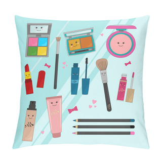 Personality  Set Of Cosmetics With Cute Faces. Kawaii Makeup Cosmetics. Pillow Covers