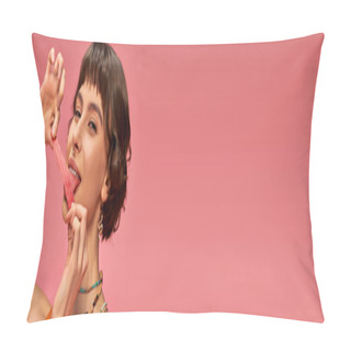 Personality  Happy Girl With Nose Piercing Licking Sweet And Sour Candy Strip On Pink Background, Horizontal Pillow Covers