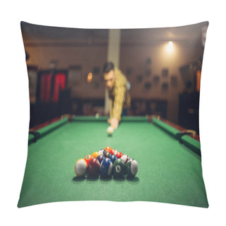 Personality  Two Male Billiard Players With Cue At The Table With Colorful Balls. Men Plays American Pool In Sport Bar Pillow Covers