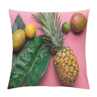 Personality  Top View Of Ripe Exotic Fruits With Green Leaves On Pink Background Pillow Covers