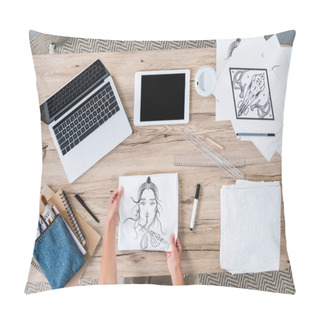 Personality  Cropped Image Of Female Designer Putting White T-shirt With Print On Table With Digital Devices An Paintings  Pillow Covers