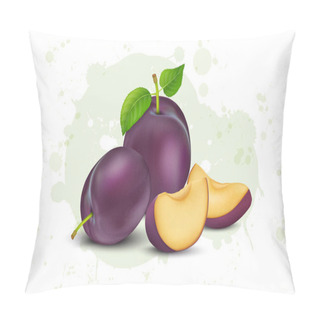 Personality  Set Of Purple Plum Fruit Vector Illustration With Green Leaves And Fruit Slices Pillow Covers