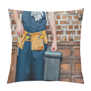 Personality  Mid Section Of Home Master With Tool Belt Holding Toolbox Pillow Covers
