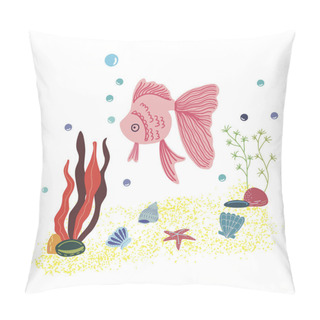 Personality  Vector Image Of Aquarium Fish In The Center With Algae, Shells And Air Bubbles. Used For Logo, Window Dressing, Flyer Or Discount Card And For An Animal Store Pillow Covers