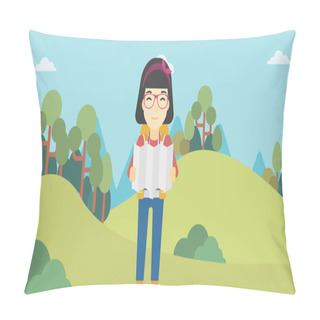 Personality  Traveler With Backpack Looking At Map. Pillow Covers