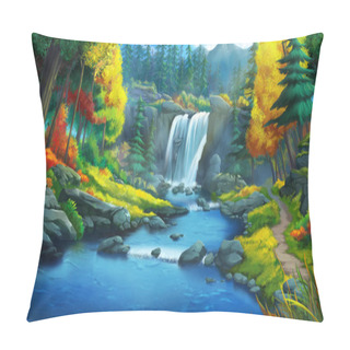 Personality  The Waterfall Forest. Fiction Backdrop. Concept Art. Realistic Illustration. Video Game Digital CG Artwork. Nature Scenery. Pillow Covers