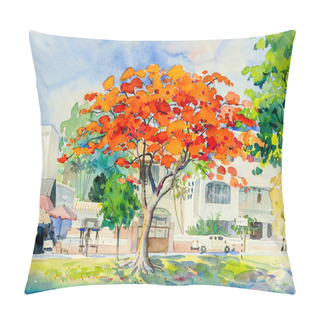 Personality  Watercolor Landscape Painting Original Colorful Of Peacock Flower Tree With Market, Red Umbrella And Emotion In Street View With Cloud In The Sky Background. Copy Space Illustration Pillow Covers