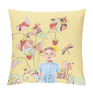Personality  Adorable Pensive Kid In Paper Crown, Isolated On Yellow With Drawn Strawberry Plant Pillow Covers