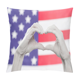 Personality  Cropped View Of Female Hands Painted In White Showing Heard-shaped Sign Near American Flag Pillow Covers