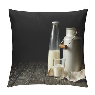 Personality  Milk In Bottle, Glass And Aluminium Can On Sackcloth On Black Background  Pillow Covers