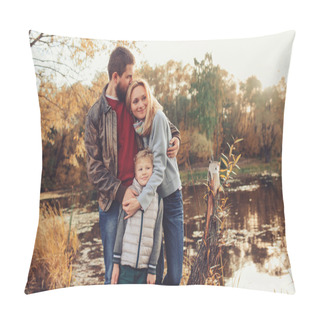Personality  Happy Family Spending Time Together Outdoor. Lifestyle Capture, Rural Cozy Scene. Father, Mother And Son Walking In Forest Pillow Covers