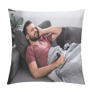 Personality  Stuffering Young Man With Headache Lying On Couch Pillow Covers