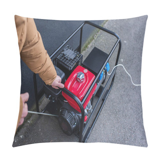 Personality  Cropped View Of Man Starting Electricity Generator During Energy Shutdown Pillow Covers