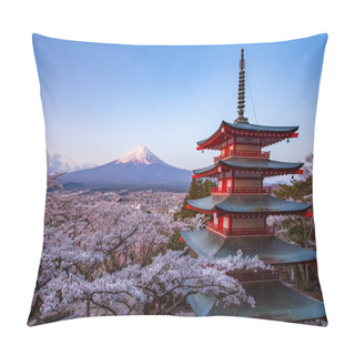 Personality  Landscape Of Mountain Fuji And Chureito Red Pagoda With Sakura Trees Blossom Pillow Covers