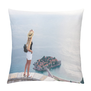 Personality  Woman Standing And Looking At Saint Stephen Island In Adriatic Sea, Budva, Montenegro  Pillow Covers