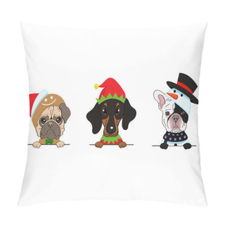 Personality  Dogs Of Different Breeds In Christmas Costumes Hold A Banner Pillow Covers