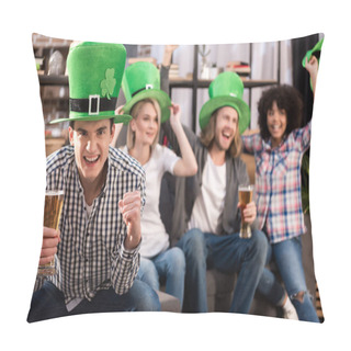 Personality  Happy Multicultural Friends Celebrating Patricks Day With Beer At Home Pillow Covers