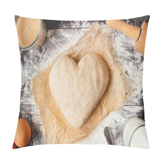 Personality  Cooking With Love. Dough In Heart Shape Top View. Baking Ingredients On The Wooden Table Pillow Covers