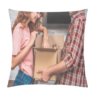 Personality  Cropped Image Of Couple Unpacking Cardboard Box At New Home Pillow Covers