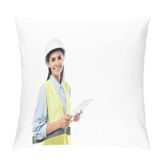 Personality  Engineer In Safety Vest Using Digital Tablet Isolated On White Pillow Covers