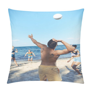 Personality  Interracial Friends Playing Volleyball Together On Sandy Beach Pillow Covers