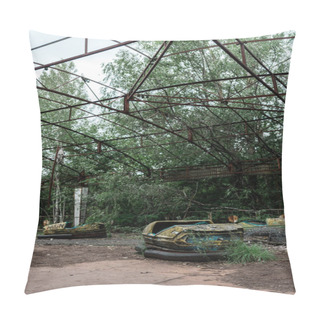 Personality  PRIPYAT, UKRAINE - AUGUST 15, 2019: Dirty And Abandoned Bumper Cars In Amusement Park  Pillow Covers