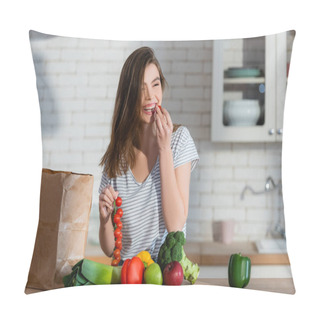 Personality  Laughing Woman Eating Cherry Tomato Near Apples And Fresh Vegetables In Kitchen Pillow Covers