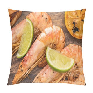 Personality  Close Up View Of Fried Shrimps With Lemon, Chili And Lime On Wooden Board Pillow Covers