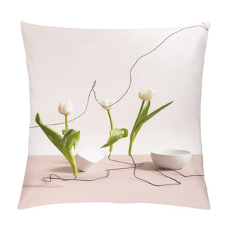 Personality  Creative Floral Composition With Tulips On Wires, Cup And Square Cube Isolated On Beige Pillow Covers