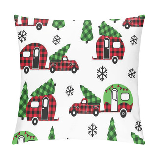 Personality  Buffalo Plaid Christmas Transport . Red Truck And Camper . Festive Seamless Pattern On A White Background. Vector Illustration. Country Style.  Pillow Covers