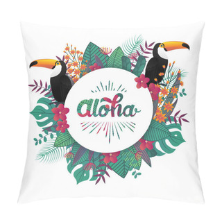 Personality  Tropical Banner Design Template. Tropical Leaf And Toucan Birds. Aloha Poster Template. Jungle Exotic Leaf And Flower On Bright Blue Background. Vector Illustration Pillow Covers