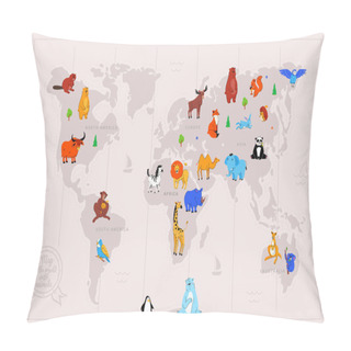 Personality  Animals On World Map Flat Vector Illustration Pillow Covers