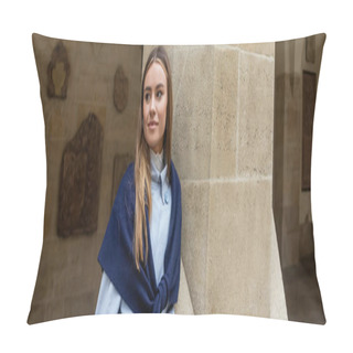 Personality  Young Woman With Scarf On Top Of Blue Trench Coat Posing Near Historical Building In Vienna, Banner  Pillow Covers