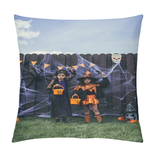 Personality  Girls In Halloween Costumes Holding Buckets And Pointing With Fingers Near Decor On Fence Outdoors Pillow Covers
