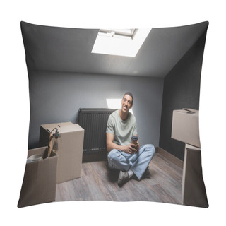 Personality  Joyful African American Man Holding Coffee To Go Near Carton Boxes On Attic In New Home Pillow Covers