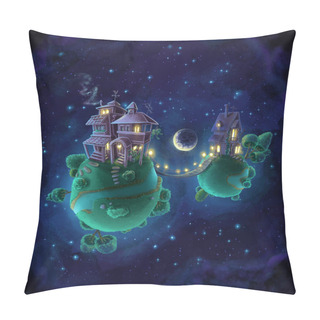 Personality  Digital Cute Illustration Of Two Mini Planets Connected By A Bridge. Neighborhood Concept. Pillow Covers