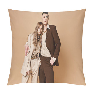 Personality  Sophisticated Young Woman In Stylish Suit Posing With Her Handsome Boyfriend And Looking At Camera Pillow Covers