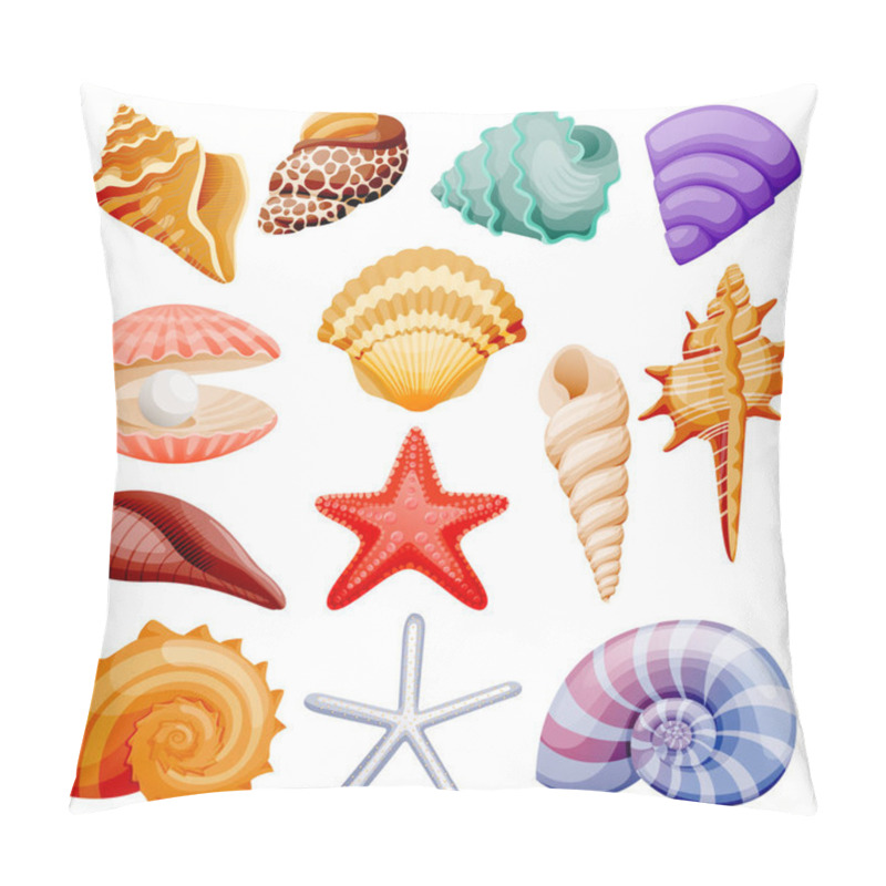 Personality  Seashells collection. Vector flat cartoon illustration. Summer travel design elements, isolated on white background. Sea shells colorful icons set. pillow covers