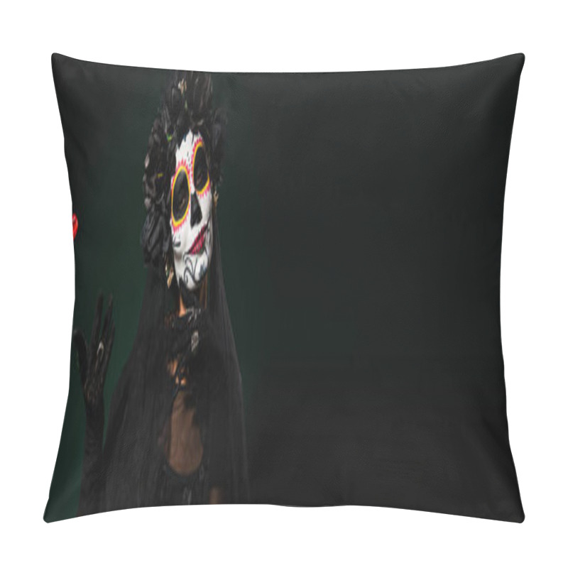 Personality  Woman in mexican santa muerte costume throwing dice on dark green background, banner  pillow covers
