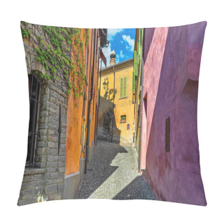 Personality  Narrow Cobblestone Street Among Old Colorful Houses In Small Town Of Monforte D'Alba In Piedmont, Northern Italy. Pillow Covers