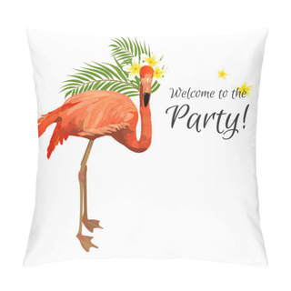 Personality  Card With Flamingo Bird Animal, Great Design For Any Purposes. Colorful Vector Illustration. Funny Cartoon Character. Vector. Flamingo With Palm Leaves.  Pillow Covers
